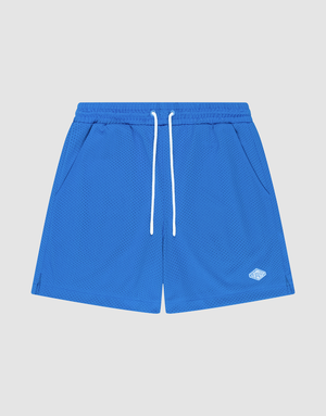 LIVE FAST DIE YOUNG Basic Mesh Shorts in bright blue feature a regular fit, breathable polyester, elastischer Bund, white drawstring, side pockets, and a small white logo on the left leg—shown against a light gray background. | plain