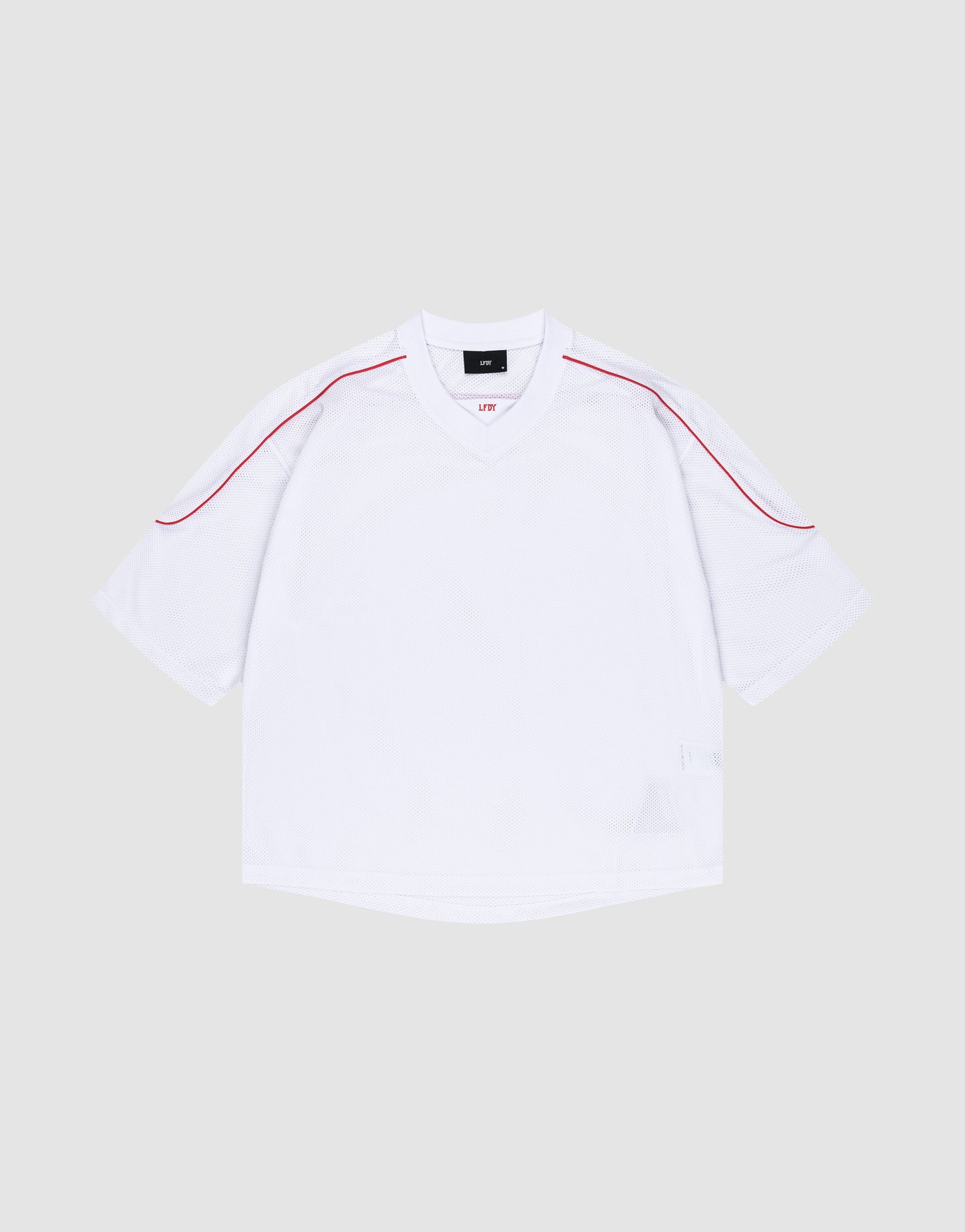 The LIVE FAST DIE YOUNG Basic Mesh Jersey is a white polyester short-sleeve V-neck shirt with red piping on the shoulders, displayed flat on a light gray background.
