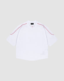 The LIVE FAST DIE YOUNG Basic Mesh Jersey is a white polyester short-sleeve V-neck shirt with red piping on the shoulders, displayed flat on a light gray background. | plain