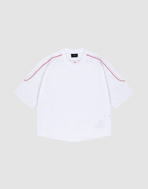 The LIVE FAST DIE YOUNG Basic Mesh Jersey is a white polyester short-sleeve V-neck shirt with red piping on the shoulders, displayed flat on a light gray background. | plain