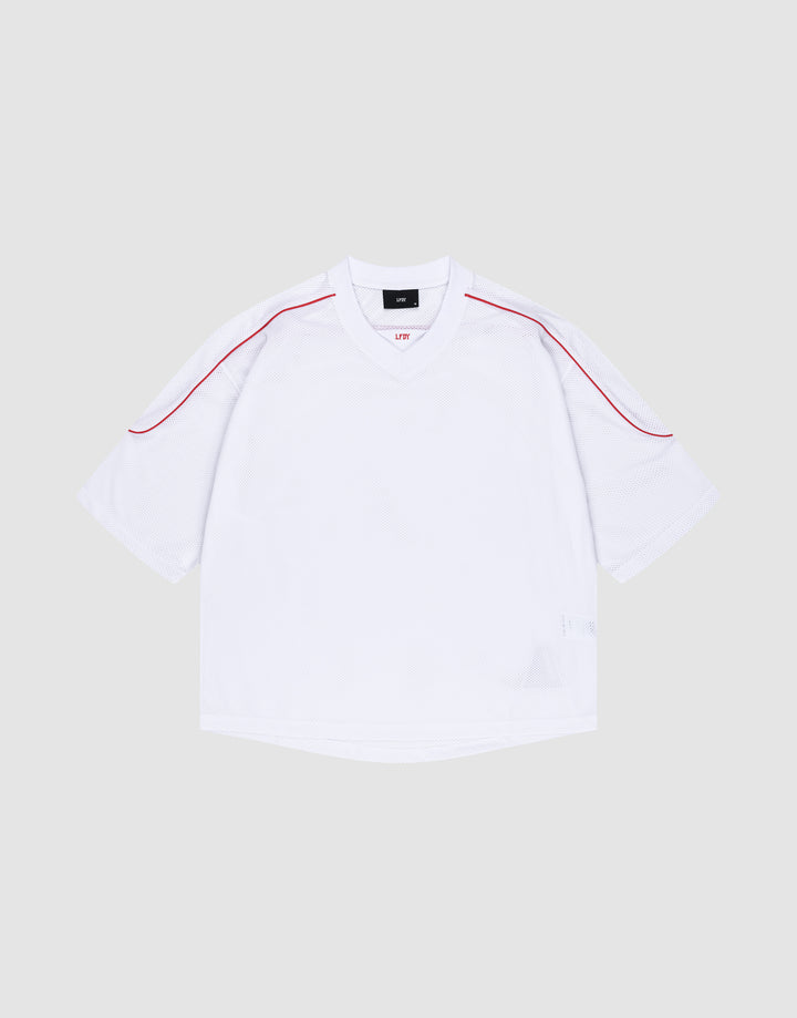 The LIVE FAST DIE YOUNG Basic Mesh Jersey is a white polyester short-sleeve V-neck shirt with red piping on the shoulders, displayed flat on a light gray background. | plain