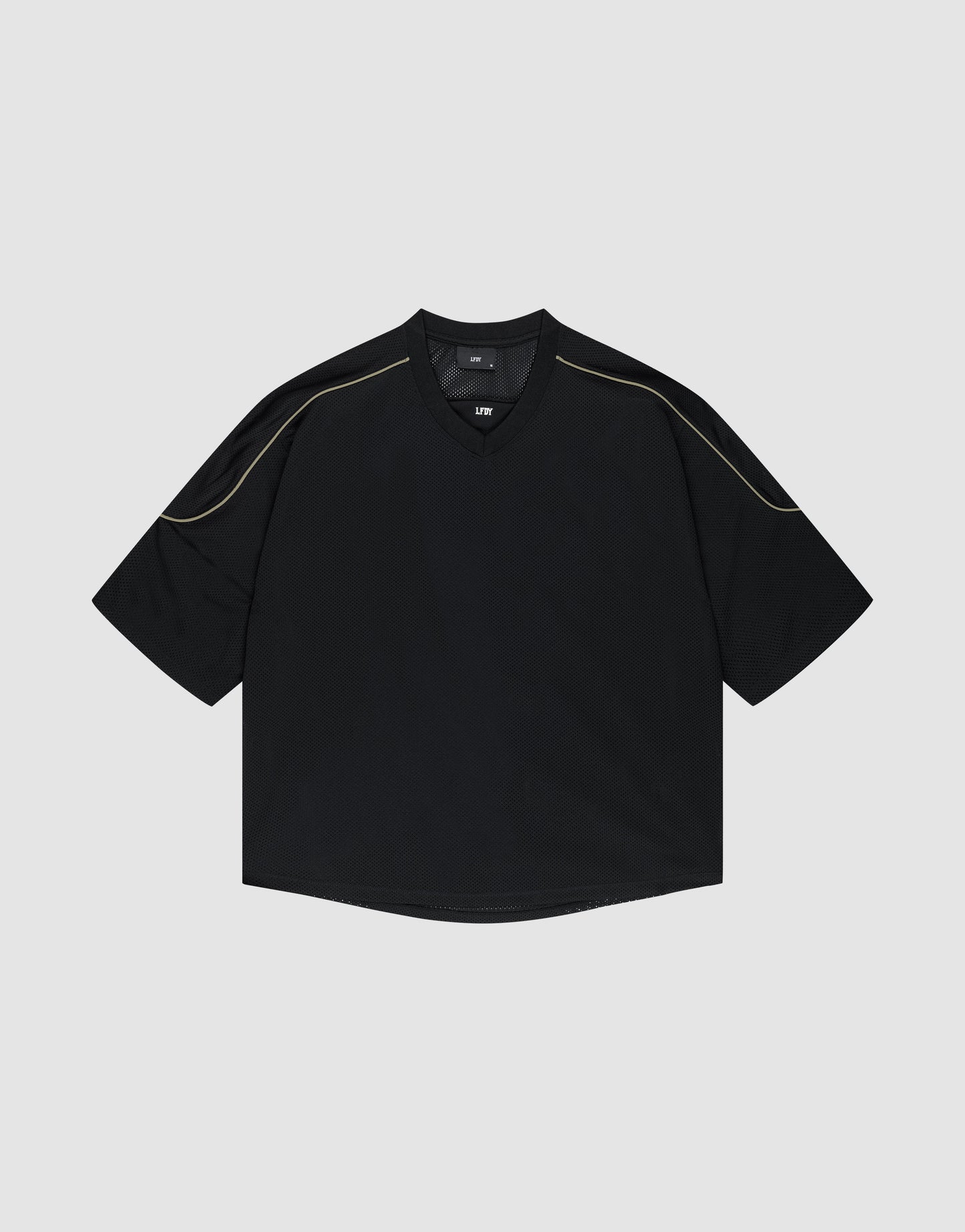 The LIVE FAST DIE YOUNG Basic Mesh Jersey is a black, short-sleeve, oversize-fit shirt with subtle contrast shoulder stitching, shown against a plain light gray background.