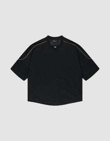 The LIVE FAST DIE YOUNG Basic Mesh Jersey is a black, short-sleeve, oversize-fit shirt with subtle contrast shoulder stitching, shown against a plain light gray background. | plain