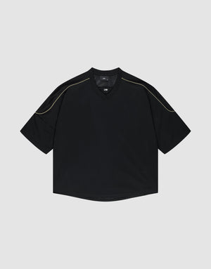The LIVE FAST DIE YOUNG Basic Mesh Jersey is a black, short-sleeve, oversize-fit shirt with subtle contrast shoulder stitching, shown against a plain light gray background. | plain