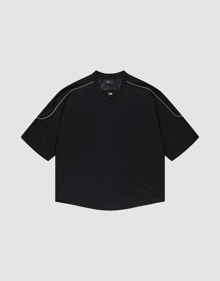 The LIVE FAST DIE YOUNG Basic Mesh Jersey is a black, short-sleeve, oversize-fit shirt with subtle contrast shoulder stitching, shown against a plain light gray background. | plain