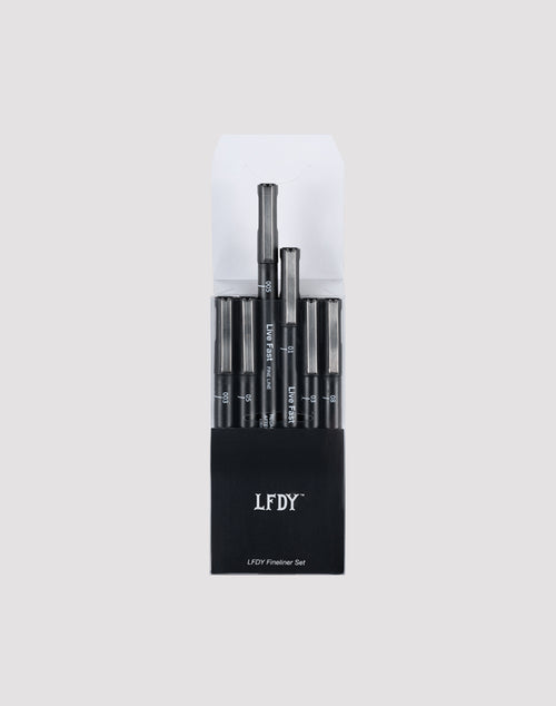 A set of six black LFDY Fineliner pens by LIVE FAST DIE YOUNG, each with various tip sizes, arranged vertically in an open black and white box labeled LF2412-16875 on a light gray background.