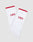 A 2-pack of LIVE FAST DIE YOUNG Basic Stripe Socks in white with red cuffs and LFDY embroidered in red. Made from soft cotton, One Size fits all. The socks are shown overlapping on a plain gray background.