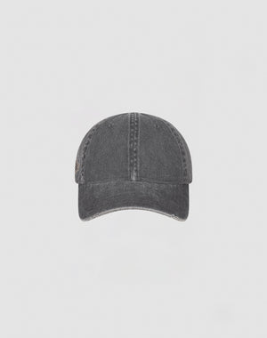 A front view of the LIVE FAST DIE YOUNG Distressed Basic Cap, featuring faded black denim, visible stitching, and a subtle distressed look, set against a light gray background.