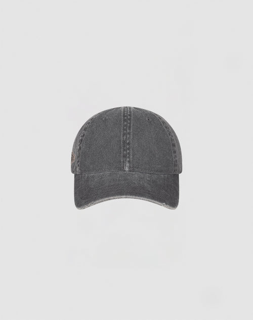 A front view of the LIVE FAST DIE YOUNG Distressed Basic Cap, featuring faded black denim, visible stitching, and a subtle distressed look, set against a light gray background.