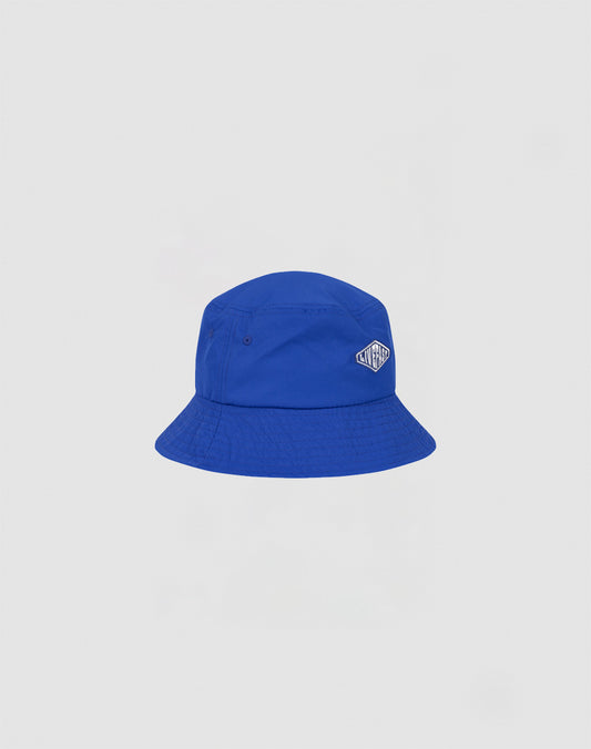 A blue Nylon Bucket Hat by LIVE FAST DIE YOUNG, featuring a small white Logo-Stick on the front, is shown against a plain light background.
