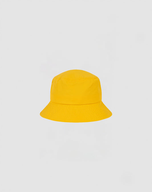A yellow LIVE FAST DIE YOUNG Nylon Bucket Hat is centered on a light gray background.