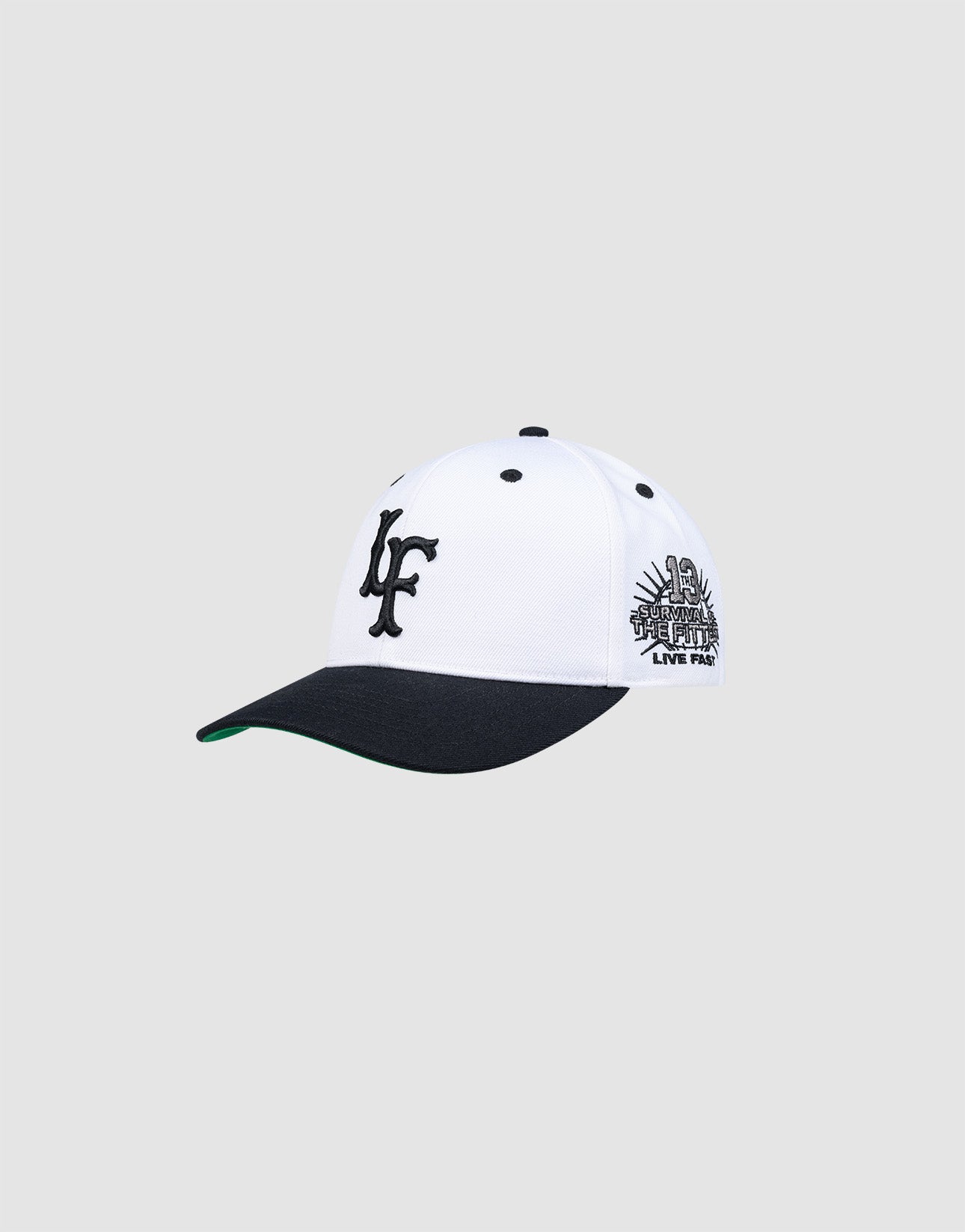 The LFDY Snapback by LIVE FAST DIE YOUNG features a white and black design, black LF front logo, Multi-Logo-Stick side embroidery and text, green Schirmunterseite, adjustable Snapverschluss, displayed on a light gray background.