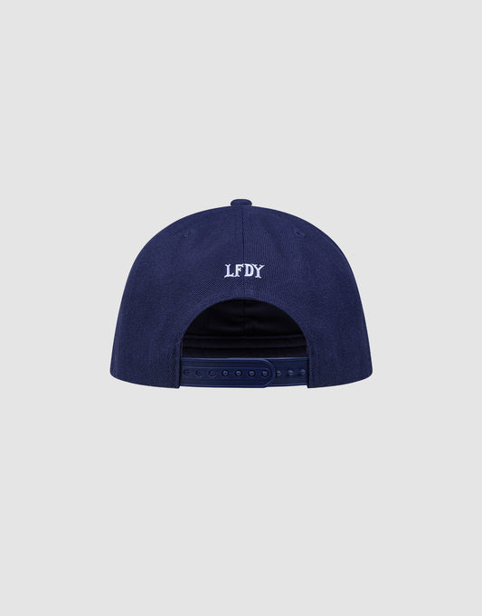 The LFDY Snapback by LIVE FAST DIE YOUNG is shown from the back on a light gray background, featuring white embroidered LFDY letters and style code LF2605-20880 above the adjustable Snapverschluss strap.