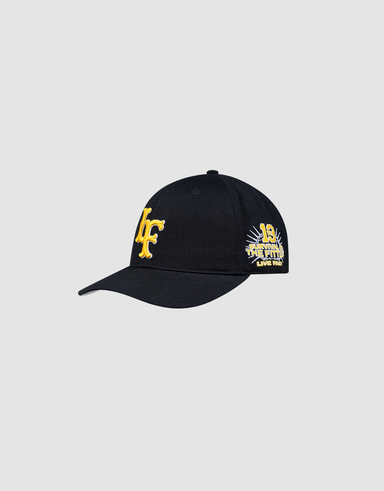 The LFDY Snapback by LIVE FAST DIE YOUNG features a black design with a yellow LF logo on the front, “Livin’ Life Fast Live Well” embroidered on the side, green underbill, and adjustable snap closure. Displayed on a light gray background.
