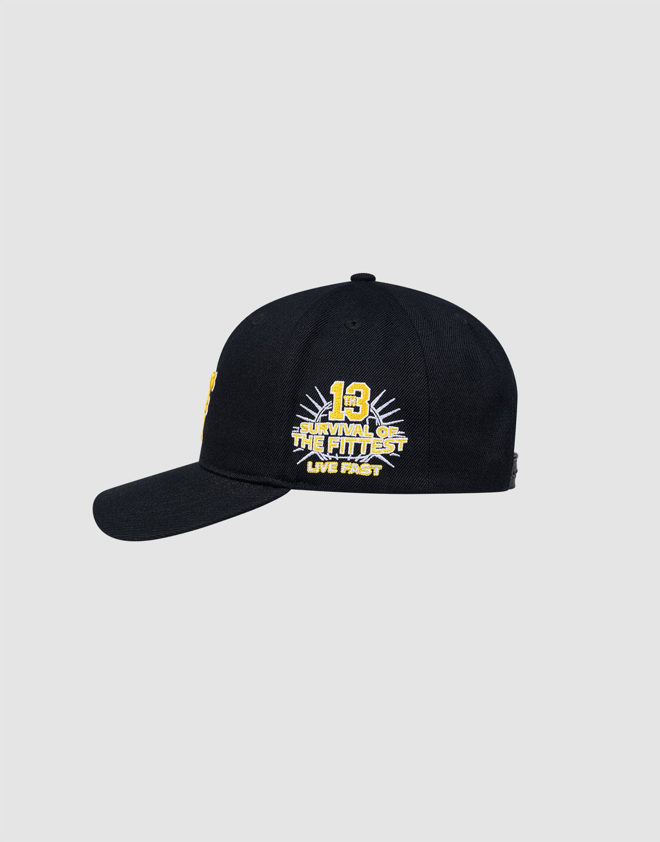 The LFDY Snapback by LIVE FAST DIE YOUNG features yellow and white "13 SURVIVAL OF THE FITTEST LIVE FAST" embroidery, sunburst graphics, green underbill, and a snap closure, shown on a plain light gray background.