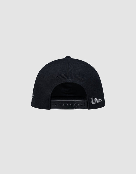 The LFDY Snapback by LIVE FAST DIE YOUNG is shown from the back with a black Snapverschluss, two small white Multi-Logo-Stick embroideries on the sides, and a gray Schirmunterseite. The background is plain light gray.