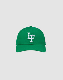 The LFDY Snapback by LIVE FAST DIE YOUNG features a green design with white LF embroidery on the front, matching green underbill, and an adjustable snap closure, shown against a plain light gray background.