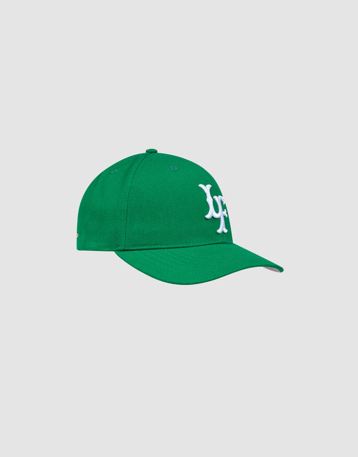 The LFDY Snapback by LIVE FAST DIE YOUNG is a green cap with a curved brim and green underside, white embroidered LF logo on the front, and a snap closure, displayed on a plain light gray background.