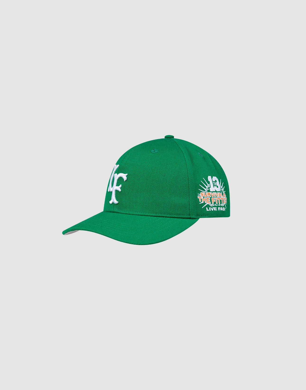 The LFDY Snapback by LIVE FAST DIE YOUNG features a green cap with white embroidered LF front logo, colorful Multi-Logo-Stick design, "LIVE FAIR" side text, curved brim, green underbill, snap closure, and top button.