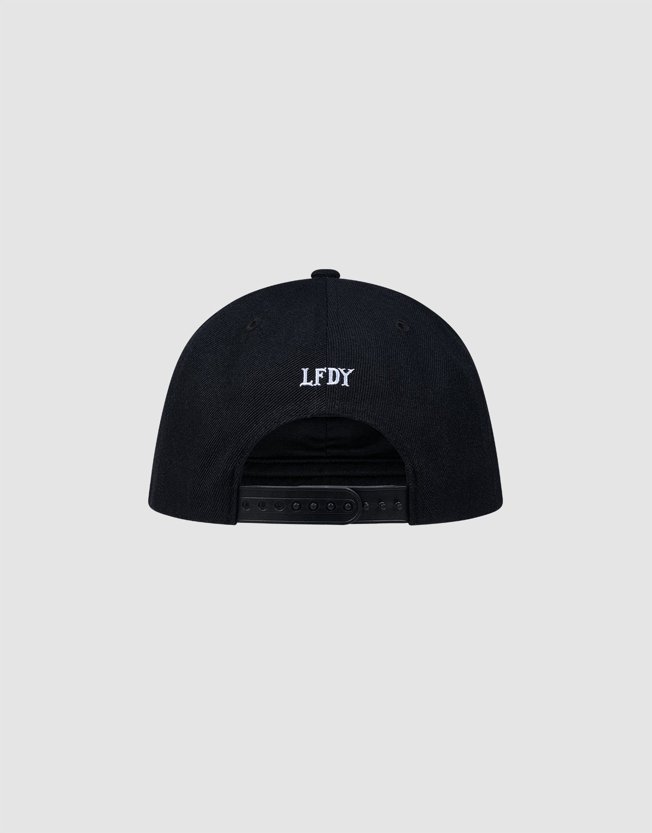The LFDY Snapback by LIVE FAST DIE YOUNG is shown from the back, with white "LFDY" embroidery above an adjustable snap closure and a one size fit, set against a plain gray background.