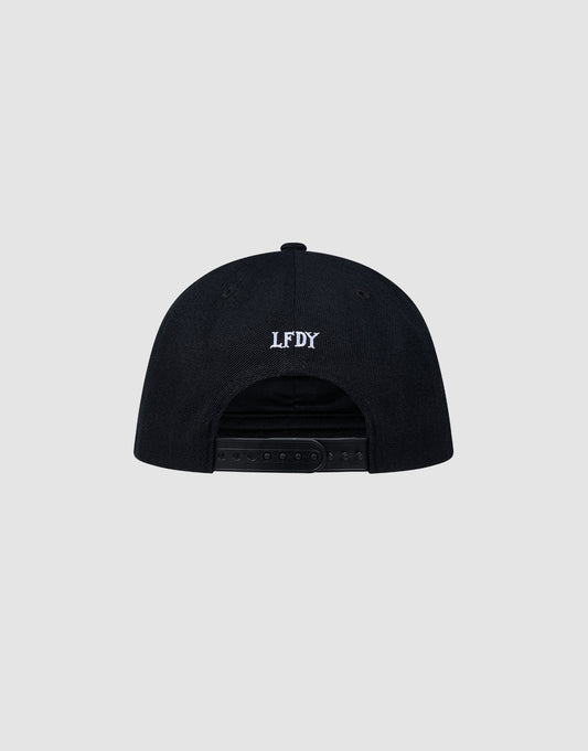 The LFDY Snapback by LIVE FAST DIE YOUNG is shown from the back, with white "LFDY" embroidery above an adjustable snap closure and a one size fit, set against a plain gray background.