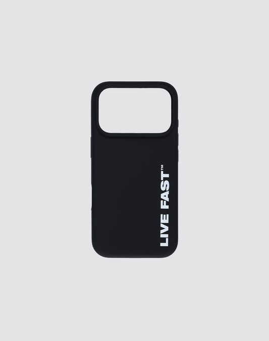 The LFDY Phone Case by LIVE FAST DIE YOUNG is a black TPU case with a rectangular camera cutout at the top and "LIVE FAST™" printed vertically in bold white on the lower right, set against a light gray background.