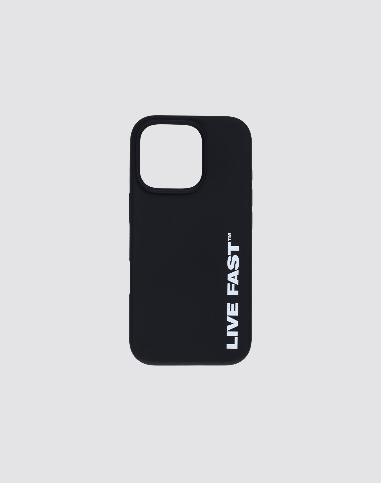 The LFDY Phone Case by LIVE FAST DIE YOUNG is a black TPU case featuring "LIVE FAST" printed vertically in bold white letters on the lower right, shown against a plain light gray background.