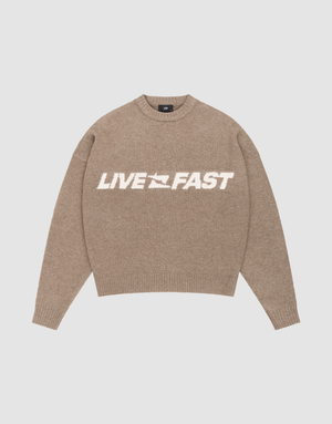 The Live Fast Boucle Sweater by LIVE FAST DIE YOUNG is an oversize beige knit with "LIVE FAST" in bold white on the chest, classic crew neck, and long sleeves for cozy comfort. | plain