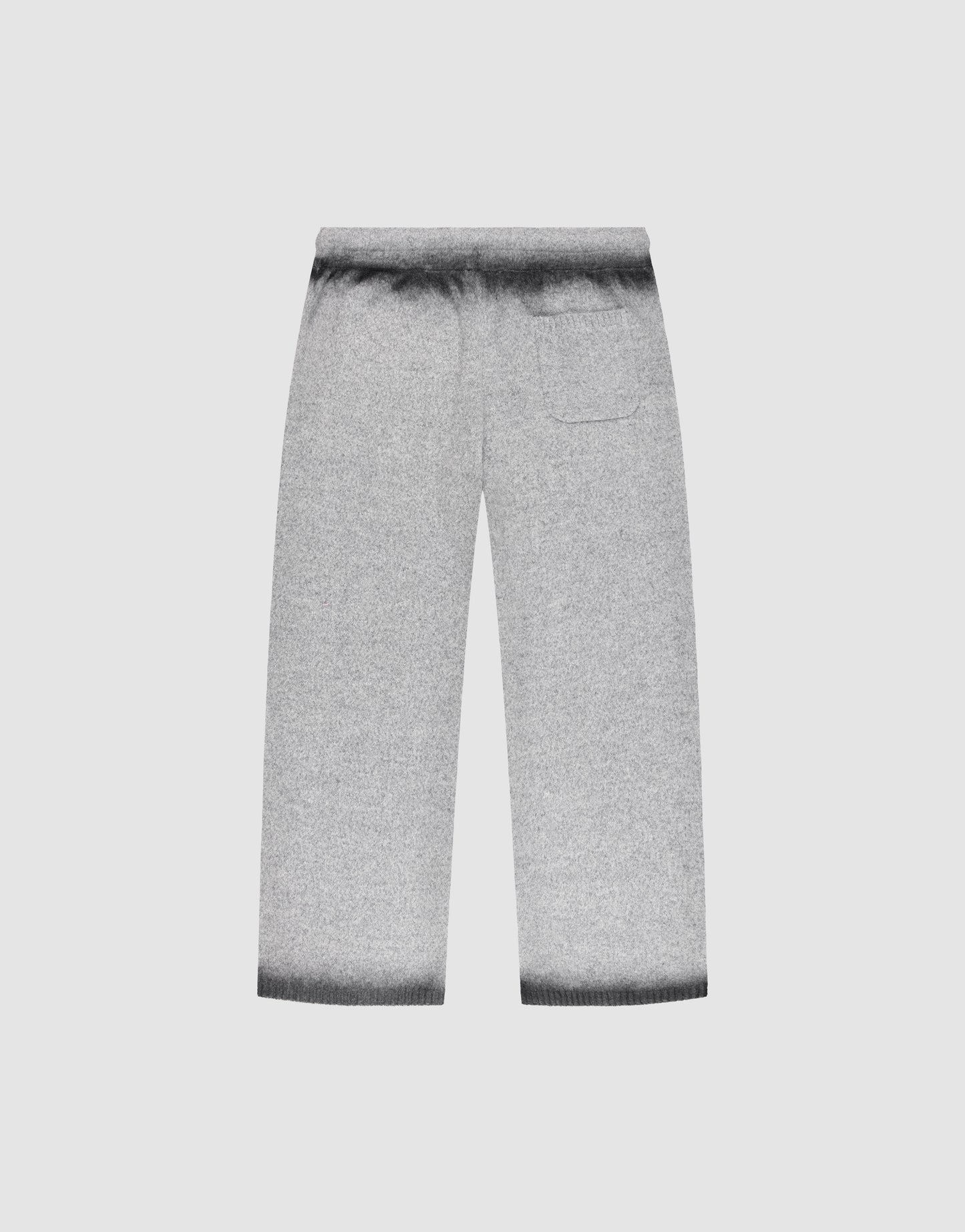 The Live Fast Boucle Pants by LIVE FAST DIE YOUNG are gray wide-leg knit pants with an elastic waistband, high waist, straight leg, right back pocket, and darker gray gradient at the waistband and hems, shown flat on a light background.