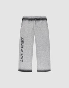 LIVE FAST DIE YOUNG’s Live Fast Boucle Pants: light gray, wide fit with straight leg, dark gray gradient waistband/cuffs, drawstring elastic waist, side pockets, and bold black LIVE FAST print down the left leg. | plain
