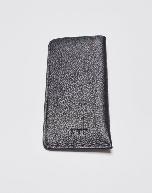 A black, textured leather wallet with rounded corners and “LIVE FAST DIE YOUNG” embossed on the front, set on a white background—perfectly complementing any Live Fast Shades in your collection.