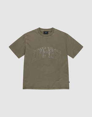 The Live Fast Rhinestone Tee by LIVE FAST DIE YOUNG is an olive green, oversized short-sleeve t-shirt featuring a vintage wash and "LIVE FAST" in large faded white letters across the chest, with a crew neck and relaxed fit. | plain