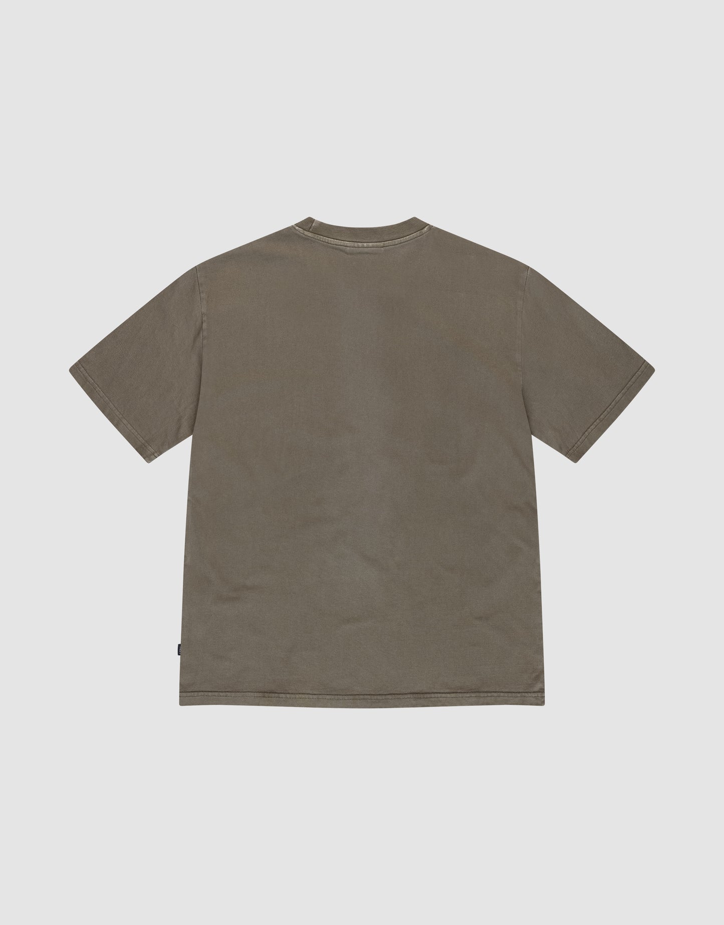 The Live Fast Rhinestone Tee by LIVE FAST DIE YOUNG is displayed laid flat, back side up, showing its faded olive green color and vintage wash on a light gray background.