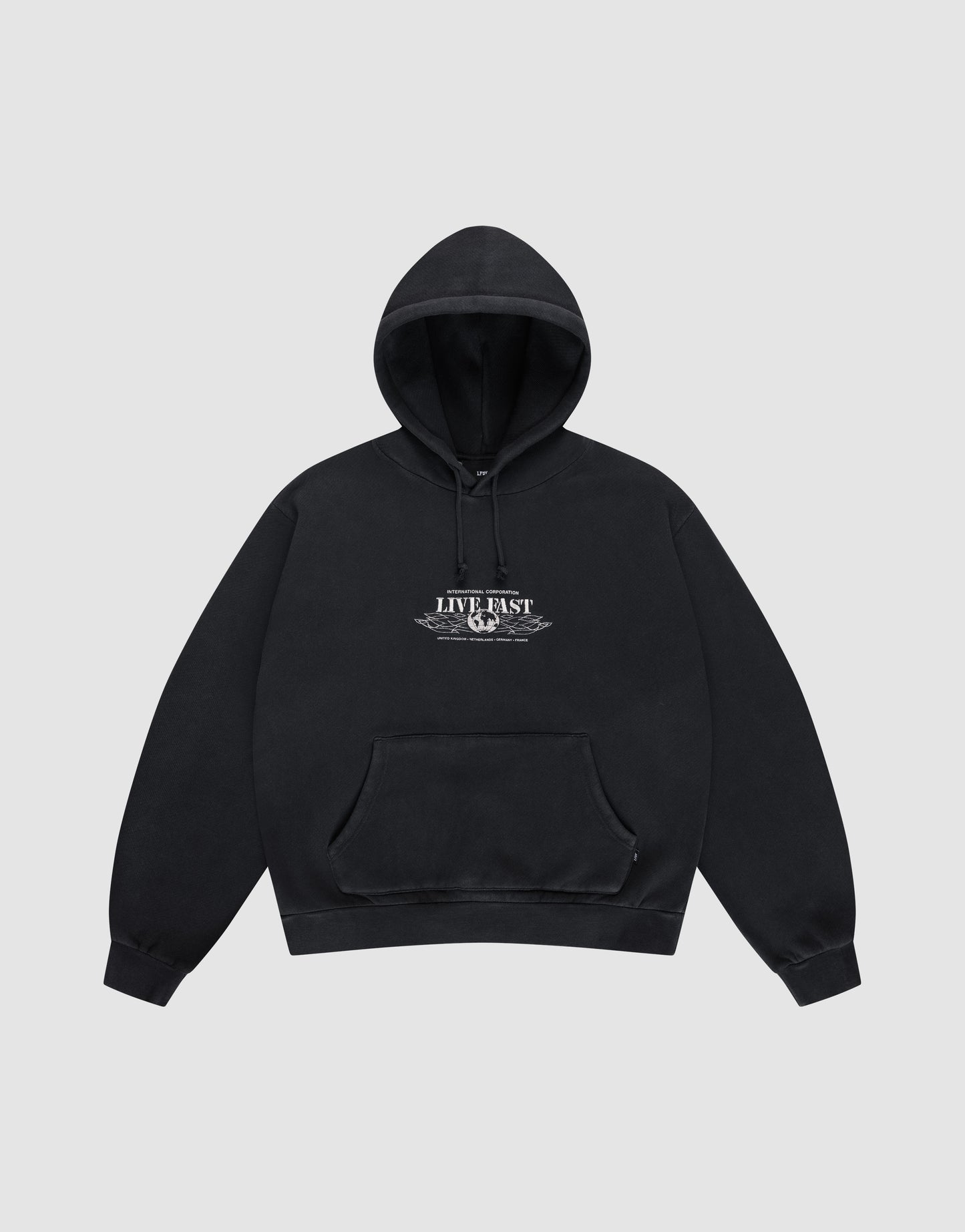 The Live Fast Corporation Hooded by LIVE FAST DIE YOUNG is a black sweatshirt in Vintage Waschung with an Oversize Fit, front pockets, and "LIVE FAST" text on the chest, shown against a plain light gray background.