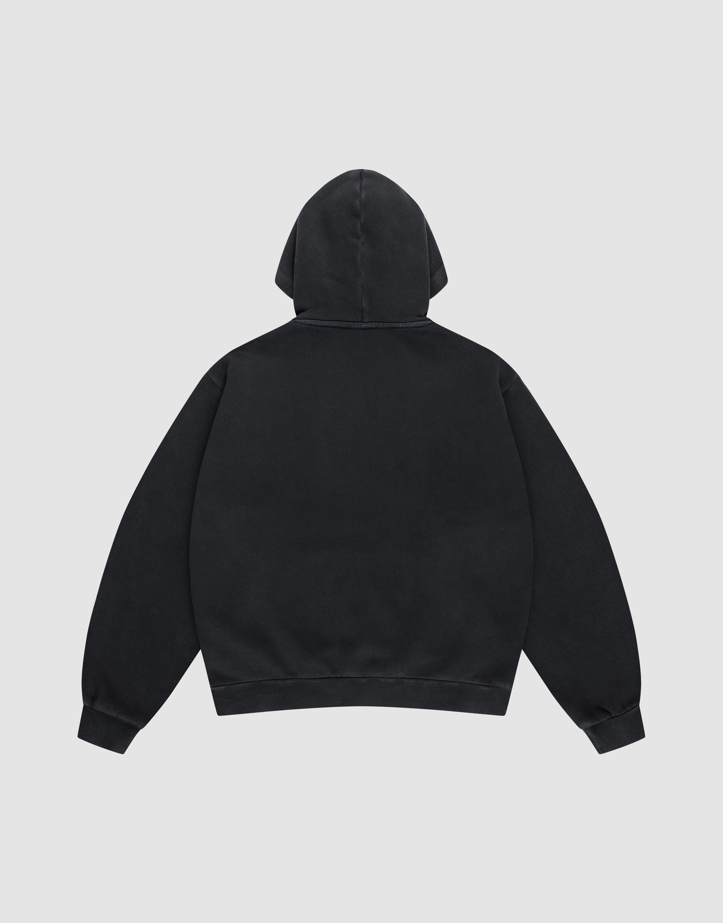 The Live Fast Corporation Hooded sweatshirt by LIVE FAST DIE YOUNG, in plain black with an Oversize Fit, is shown from the back against a light gray background, hood up and sleeves spread wide.