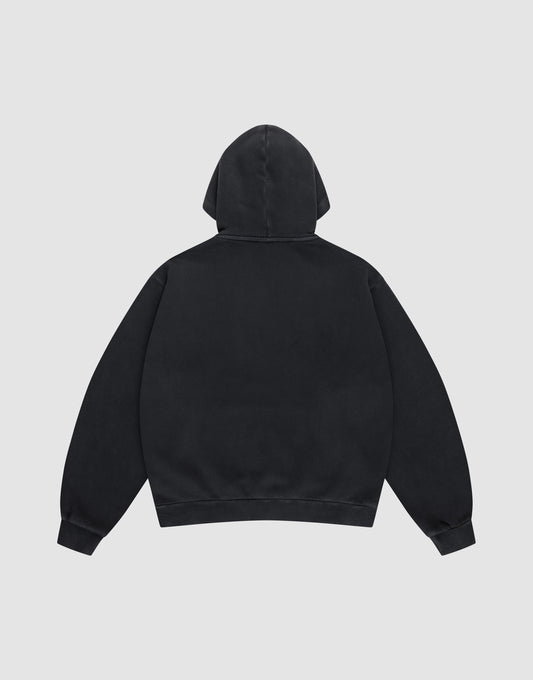 The Live Fast Corporation Hooded sweatshirt by LIVE FAST DIE YOUNG, in plain black with an Oversize Fit, is shown from the back against a light gray background, hood up and sleeves spread wide.