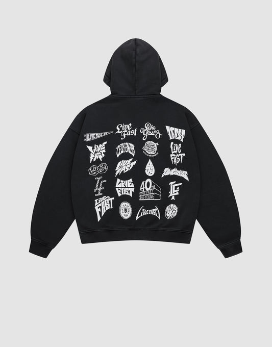 The LFDY Logo Hooded Zip by LIVE FAST DIE YOUNG is a black oversized Baumwolle sweatshirt, displayed flat, featuring bold white multilogo graphics and artistic phrases like Live Fast and Río Pyro printed across the back. | plain