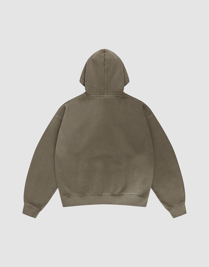 The Live Fast Rhinestone Hooded by LIVE FAST DIE YOUNG, an oversized olive green hoodie with a vintage wash, is shown from the back on a light gray background with the hood up and sleeves spread out.