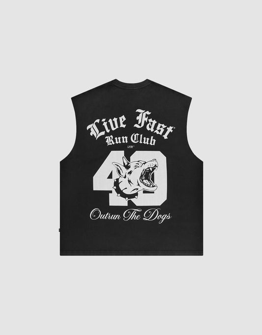 The LIVE FAST DIE YOUNG LFDY Run Club Muscle Shirt is a black, vintage-look sleeveless top with bold white “Live Fast Run Club,” large 49, snarling dog graphic, “Outrun The Dogs” text, 100% cotton, and an oversized fit. | plain