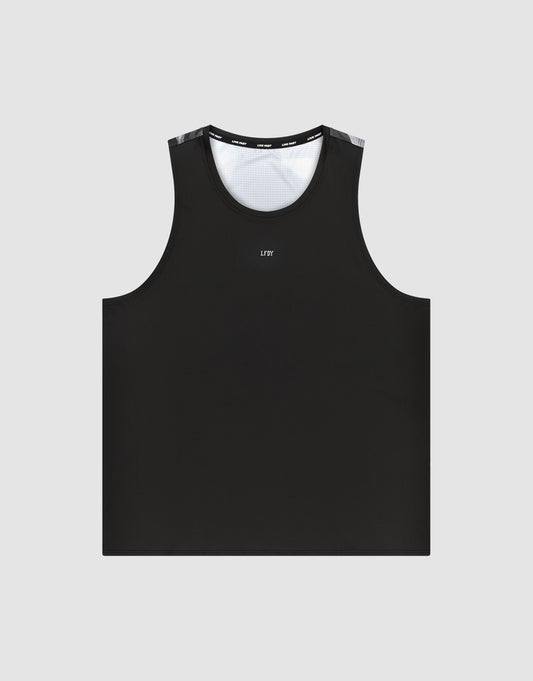 The LFDY Performance Tank by LIVE FAST DIE YOUNG is a black, sleeveless, regular-fit crop top with a round neckline, white mesh shoulder lining, and small “LFV” text on the chest, shown on a plain light gray background.