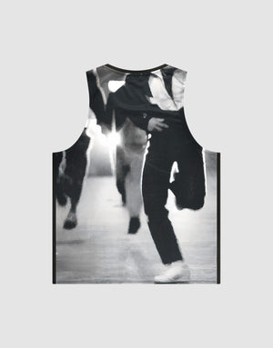 The LFDY Performance Tank by LIVE FAST DIE YOUNG is a regular fit sleeveless shirt in light grey, featuring a black and white photo print of runners, lightweight material, and a reflective logo print. | plain