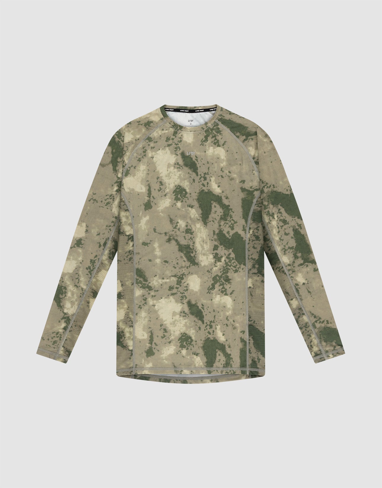 The LIVE FAST DIE YOUNG LFDY Performance Slim Longsleeve is a green and tan camo athletic shirt with a slim fit and reflective logo print, shown flat on a light gray background.