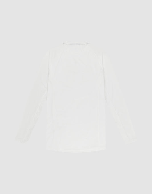 The LIVE FAST DIE YOUNG LFDY Performance Slim Longsleeve, in plain white with a slim fit and long sleeves, is laid flat on a light gray background, displayed from the back.