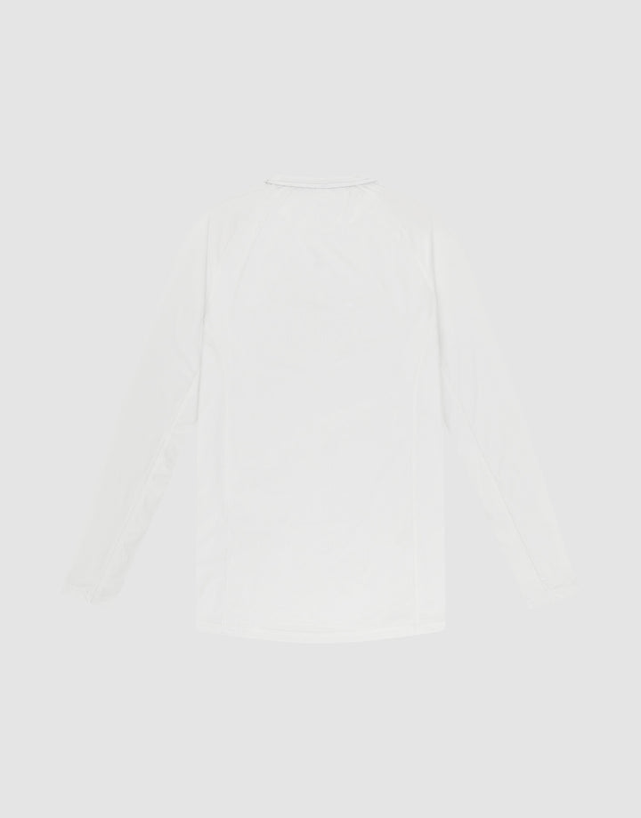 The LIVE FAST DIE YOUNG LFDY Performance Slim Longsleeve, in plain white with a slim fit and long sleeves, is laid flat on a light gray background, displayed from the back.