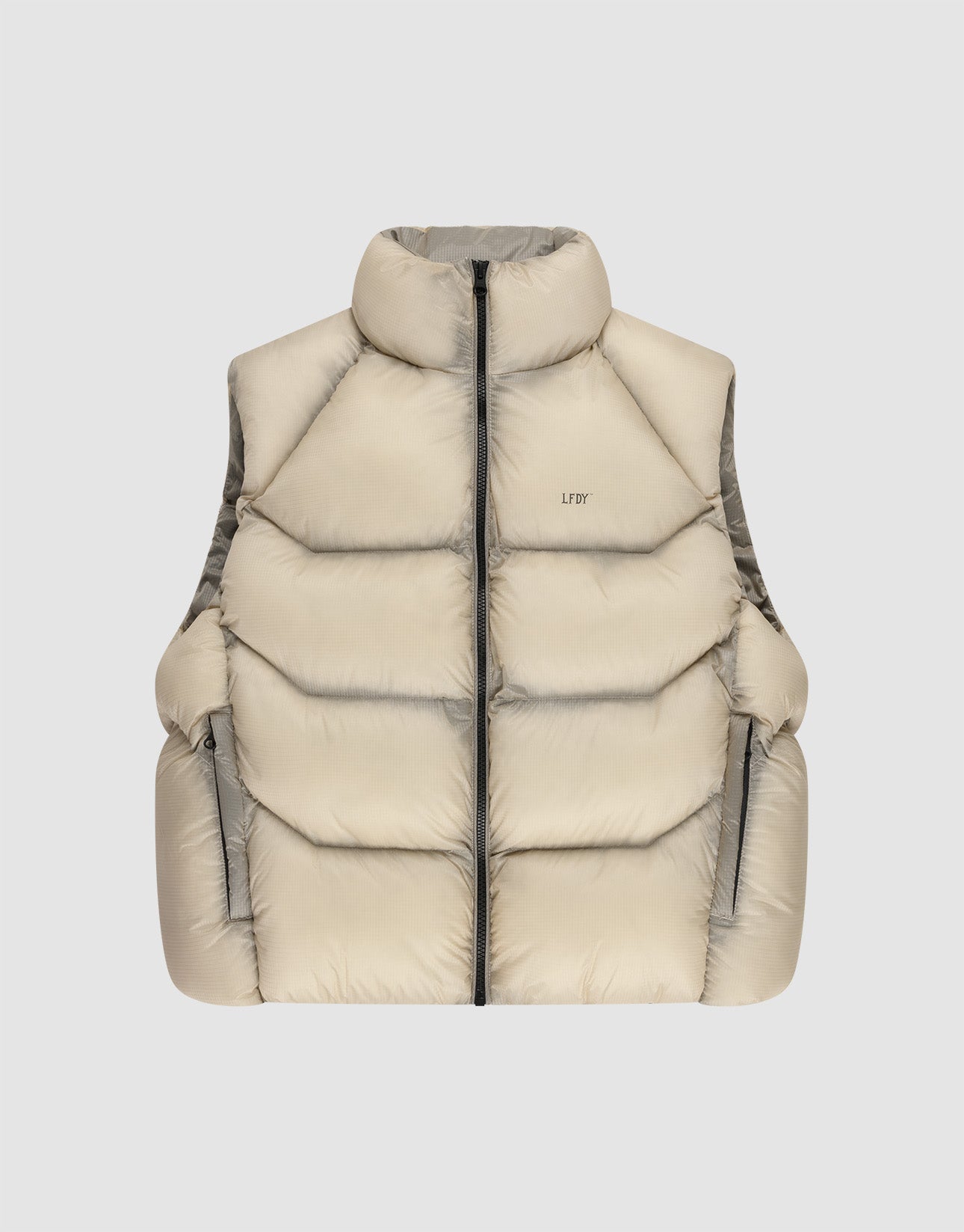 The Live Fast Puffer Vest by LIVE FAST DIE YOUNG features a beige color, high collar, black front zipper, two zippered side pockets, and an oversize fit, shown against a plain light gray background. | plain