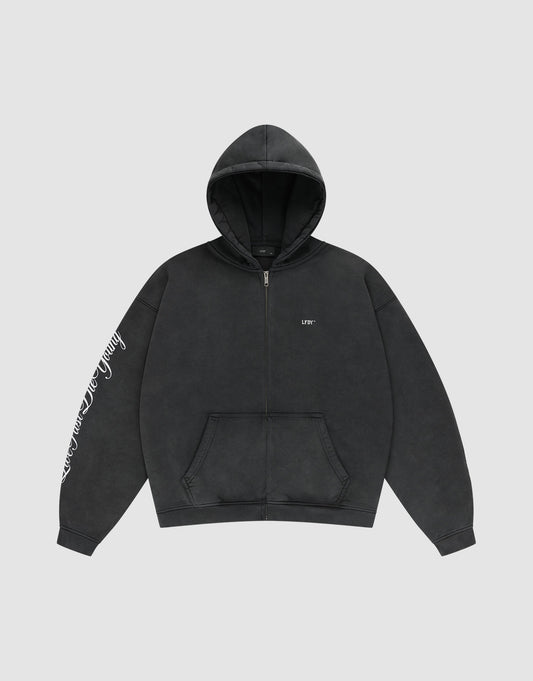 The LFDY Run Club Hooded Zip by LIVE FAST DIE YOUNG is a black oversize-fit hoodie with a front pocket, hood, small white LFTS chest text, and white cursive writing on the right sleeve, made from soft Baumwolle Polyester. Displayed on light gray.