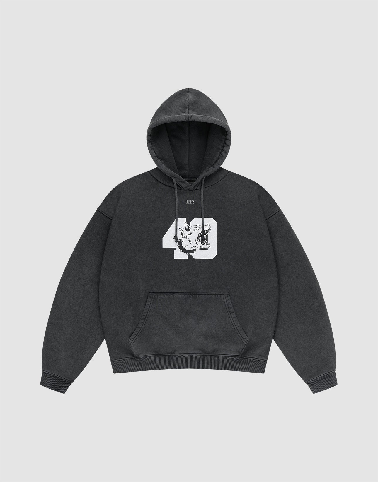 The LFDY 40 Hooded by LIVE FAST DIE YOUNG is a black oversize fit hoodie featuring a kangaroo pocket and bold front print: a large white 40 graphic with an intertwined dragon and LIVY text above, shown laid flat on a light grey background. | plain