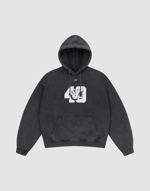 The LFDY 40 Hooded by LIVE FAST DIE YOUNG is a black oversize fit hoodie featuring a kangaroo pocket and bold front print: a large white 40 graphic with an intertwined dragon and LIVY text above, shown laid flat on a light grey background. | plain