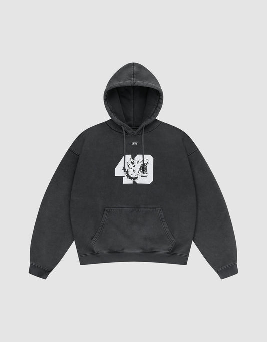 The LFDY 40 Hooded by LIVE FAST DIE YOUNG is a black oversize fit hoodie featuring a kangaroo pocket and bold front print: a large white 40 graphic with an intertwined dragon and LIVY text above, shown laid flat on a light grey background. | plain