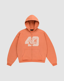The LFDY 40 Hooded Zip by LIVE FAST DIE YOUNG is an orange oversized zip-up hoodie with front pockets and a bold white bleich-print: number 49 intertwined with a striking tiger face on the chest. | plain